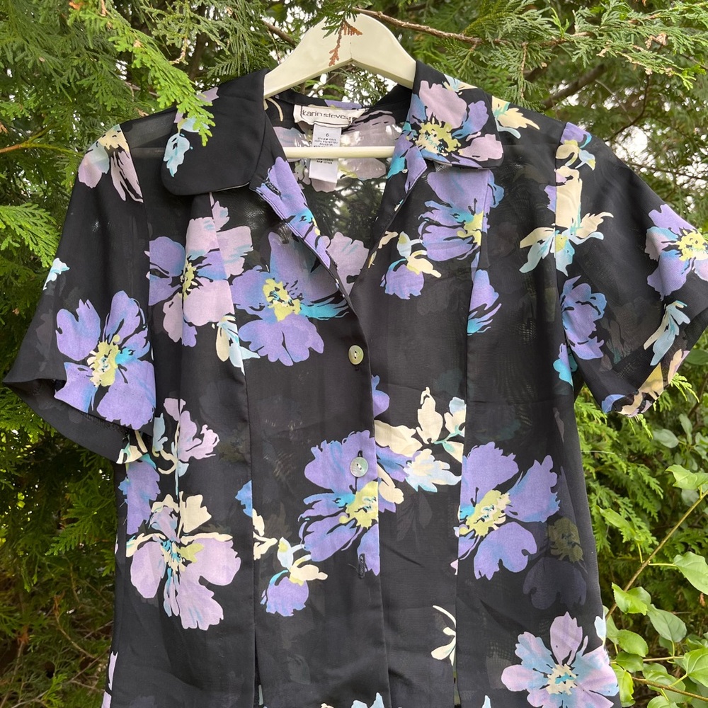 Karin Stevens Black Blouse with Purple Floral Design